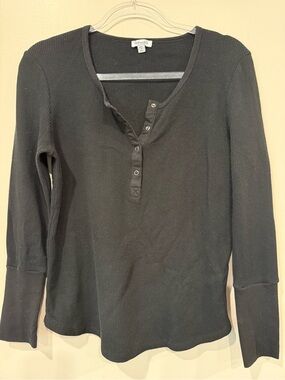 Splendid Black Thermal Waffle Knit Long Sleeve Henley Top XL